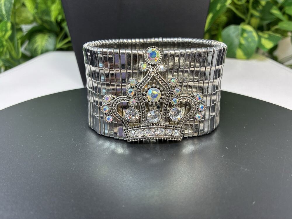 Rhinestone Queen Crown silvertone wide costume bracelet stretch